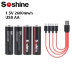질리지 않는 Soshine 1.5v AA 충전식 배터리 USB 리튬 이온 2600mWh 2A 배터리 4-in-1 USB 케이블 Dropshipper가 포함된 1.5V 리튬 배터리 후회하지 않습니다